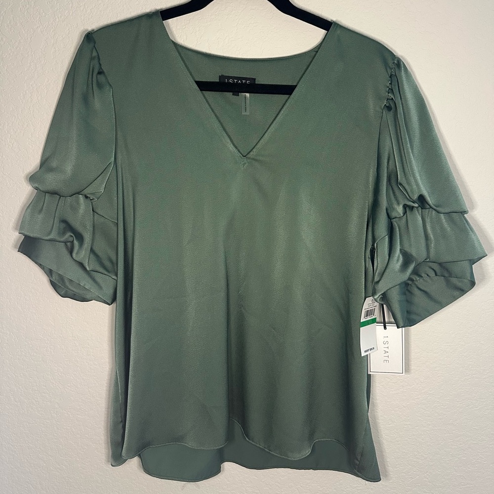 1. State Sage Green V-Neck Ruffle Sleeve Top